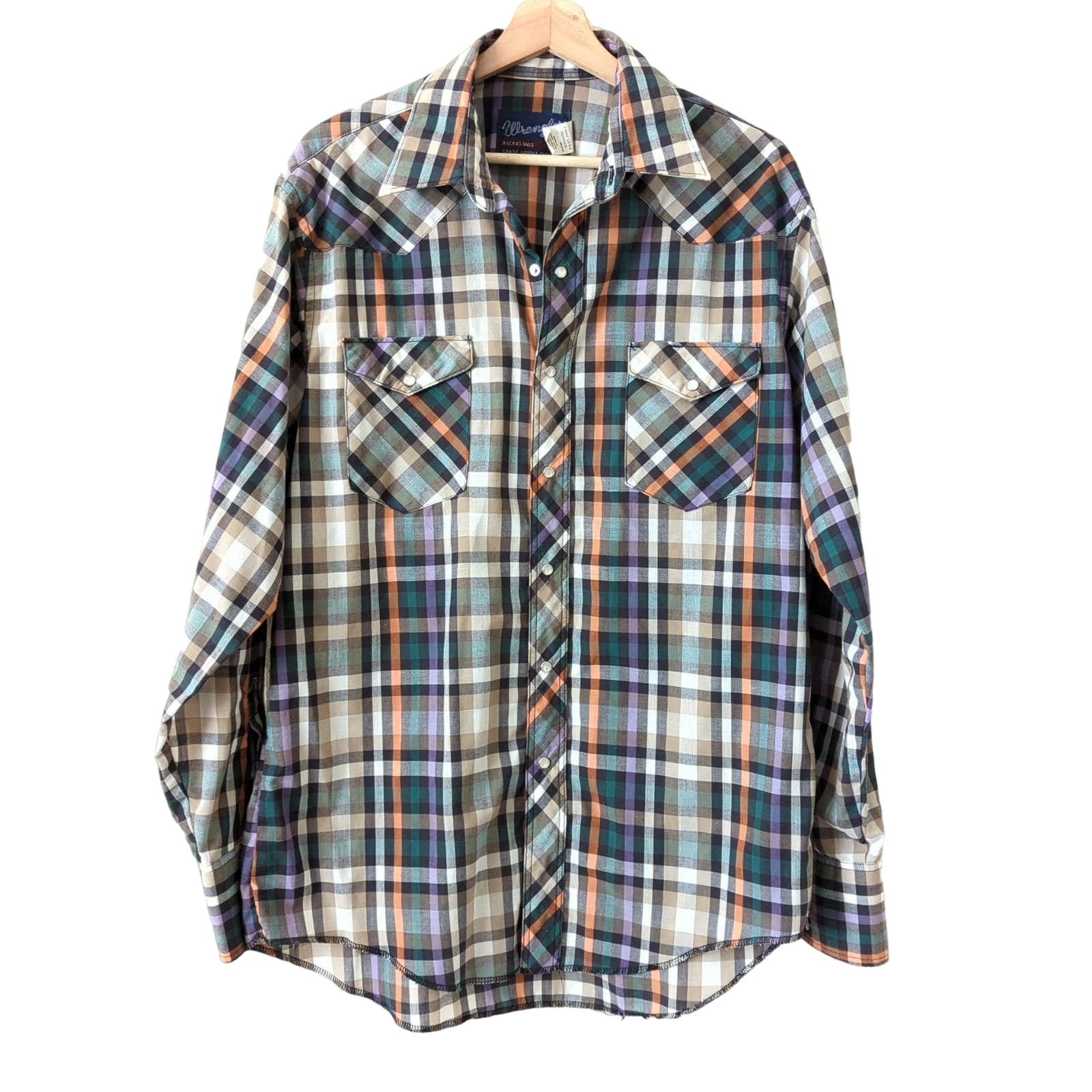 Wrangler Western Men's Shirt X-Long Tails Vintage 16.5 35 Pearl Snap Check Plaid